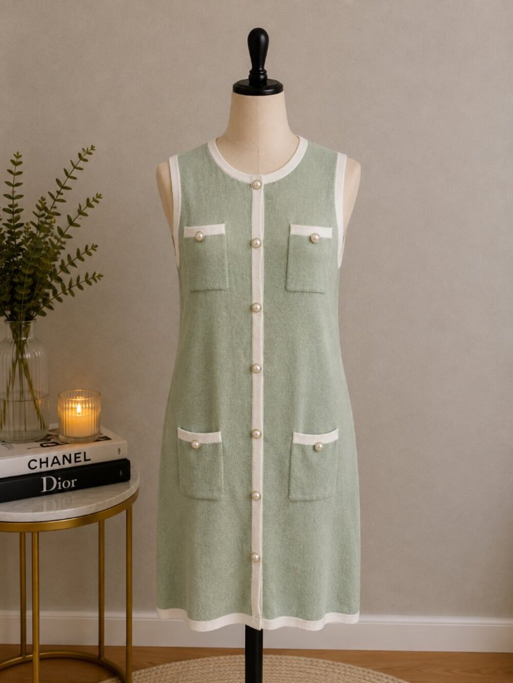 Zessica Mint Sleeveless Button-Front Midi Dress with Contrast Trim